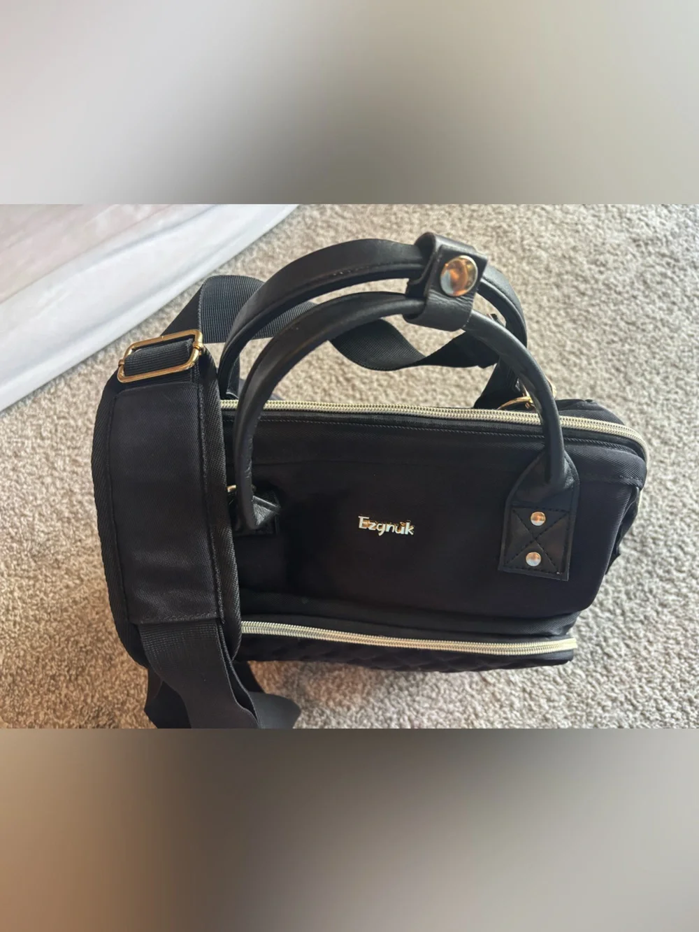 Black Quilted Baby Bag Tote with Gold Accents